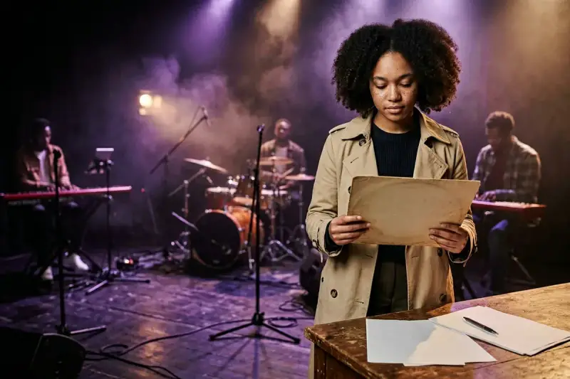 Jeune artiste auteur, concentrée sur ses partitions, sur scène avec son groupe. La cotisation artiste auteur est essentielle pour sa carrière.