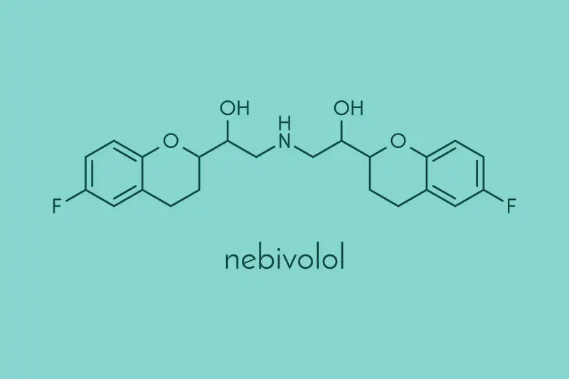 Struktura chemiczna nebiwololu, leku stosowanego w leczeniu nadciśnienia.
