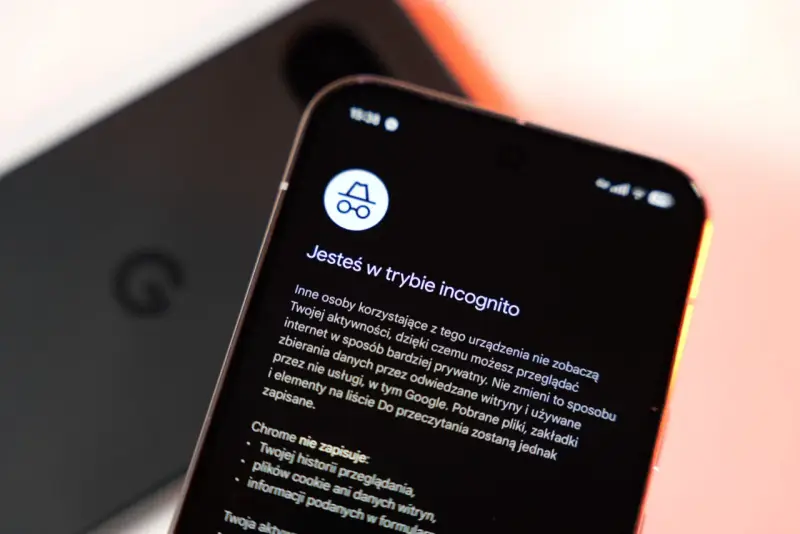 Jak sprawdzić karty incognito w telefonie? Ekran smartfona z informacją o trybie prywatności.