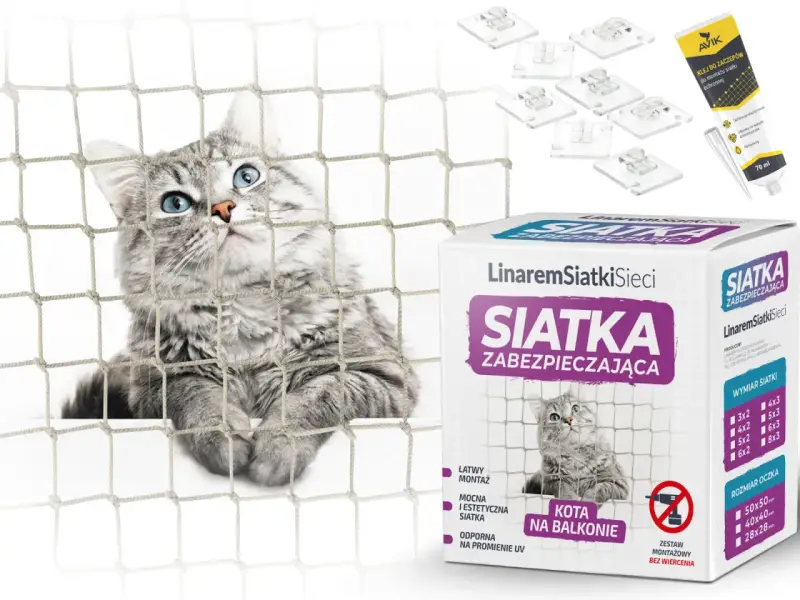 Siatka zabezpieczająca dla kota na balkon. Zestaw montażowy bez wiercenia. Idealne rozwiązanie co zamiast siatki na balkon.