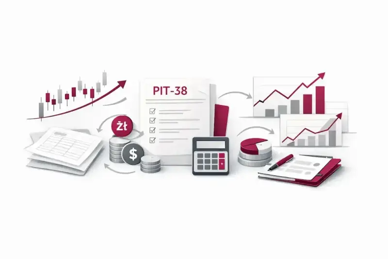 Dokument PIT-38, kalkulator, monety i wykresy wzrostu symbolizują analizę finansową i rozliczenia podatkowe.
