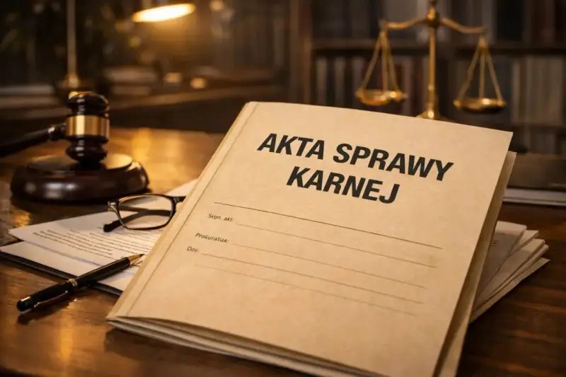 Akta sprawy karnej na biurku prawnika, obok młotka sędziowskiego i okularów. Może to być sprawa, która zakończy się warunkowym umorzeniem postępowania.