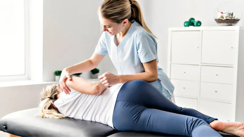 Physiotherapeutin behandelt Patientin am Rücken. Hier wird gezeigt, was bei Physiotherapie gemacht wird: gezielte manuelle Therapie zur Linderung von Schmerzen und Verbesserung der Beweglichkeit.