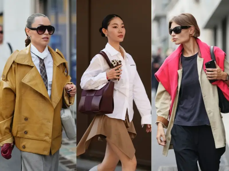 Trzy kobiety prezentują modne stylizacje z elementami color blocking: musztardowa kurtka, brązowa torebka i beżowy płaszcz z fuksjową narzutką.