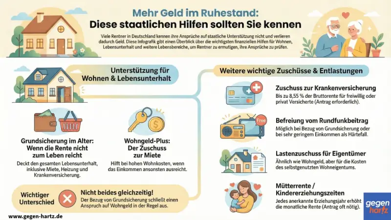 Infografik zeigt staatliche Hilfen für Rentner. Sie erklärt, wieviel Rentenpunkte bei Pflegegrad 2 relevant sind, z.B. Wohngeld-Plus.