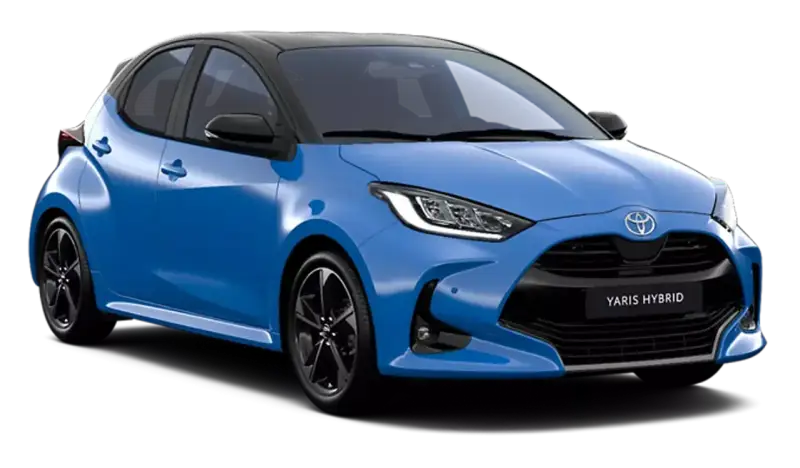 Niebieski Toyota Yaris Hybrid z czarnym dachem. Sprawdź aktualną toyota yaris cena i wybierz swój wymarzony samochód.