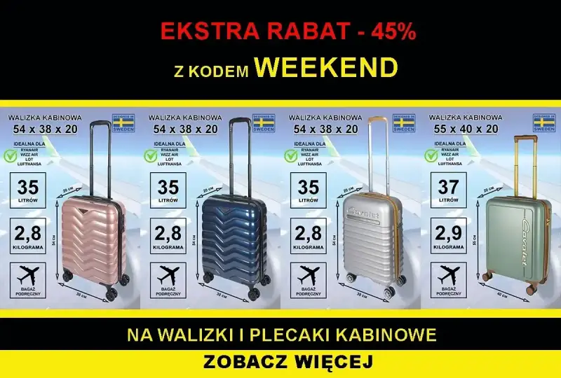 Walizki kabinowe idealne na bagaż podręczny Ryanair. Wymiary 54x38x20 cm, pojemność 35 litrów, waga 2,8 kg.