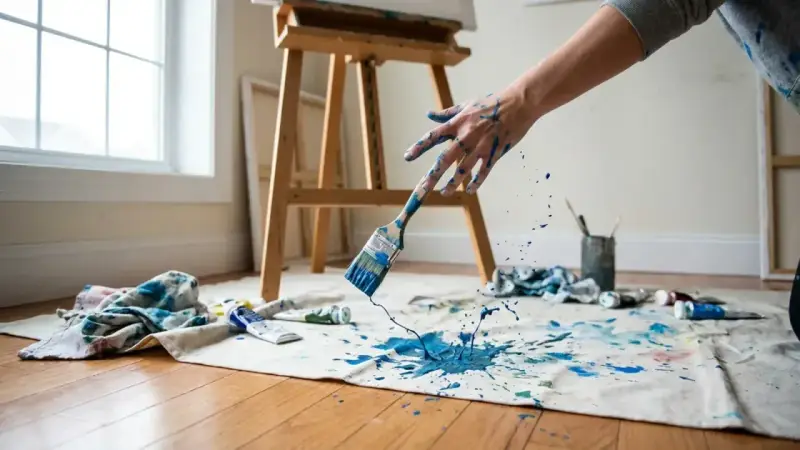 Main bleue, pinceau dégoulinant de peinture acrylique sèche, éclaboussures bleues sur une toile au sol.