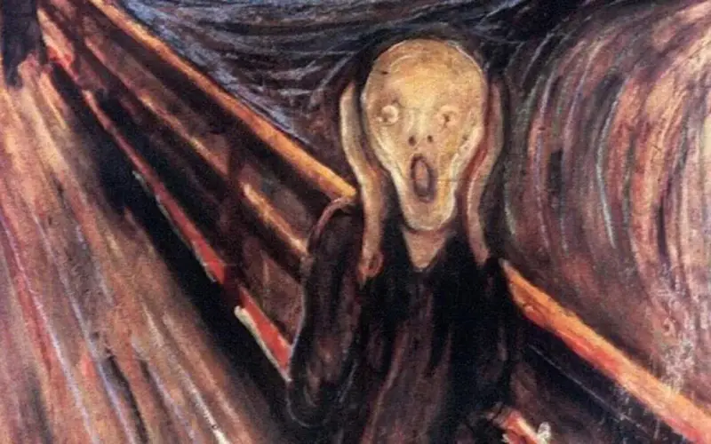 En ikonisk målning av Edvard Munch, "Skriet", visar en skräckslagen figur som håller sig för öronen mot en dramatisk, virvlande bakgrund.