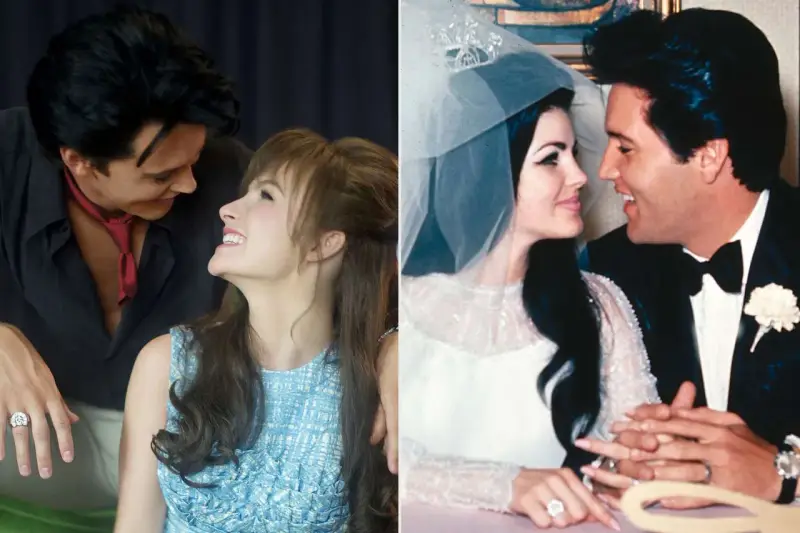 Kadr z filmu o Elvisie: Austin Butler jako młody Elvis i Priscilla Presley, obok ujęcie z ich ślubu.