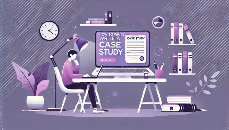 Ilustracja pokazuje osobę uczącą się, jak napisać case study. Na ekranie laptopa widnieje tytuł "HOW TO WRITE A CASE STUDY".