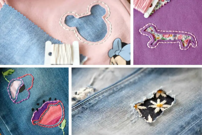 Ricamo creativo per rammendare un buco: un bassotto fiorato, un topolino e fiori su jeans.
