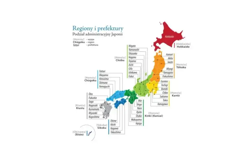 Kolorowa mapa Japonii z podziałem na regiony i prefektury. Widoczne wyspy Honsiu, Hokkaido, Kiusiu, Sikoku i Okinawa.