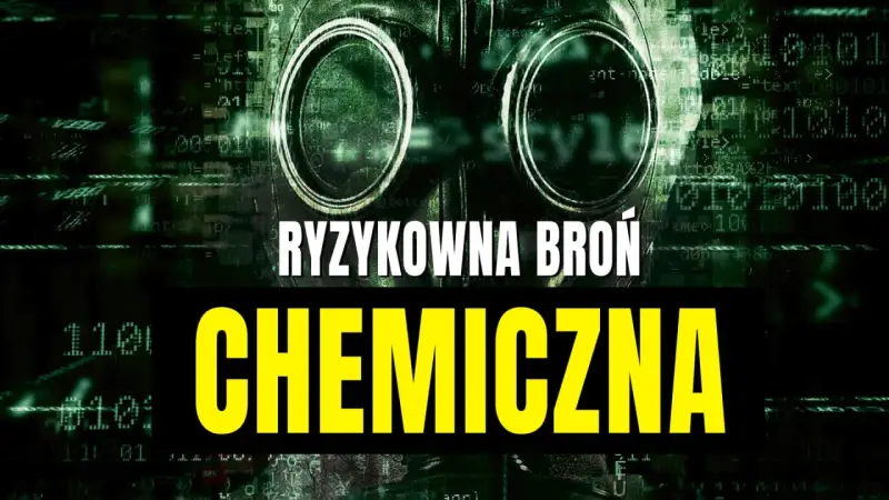 Mroczna maska gazowa na tle zielonego kodu. Napisy "RYZYKOWNA BROŃ" i "CHEMICZNA" ostrzegają przed zagrożeniem, jakim jest gaz bojowy.