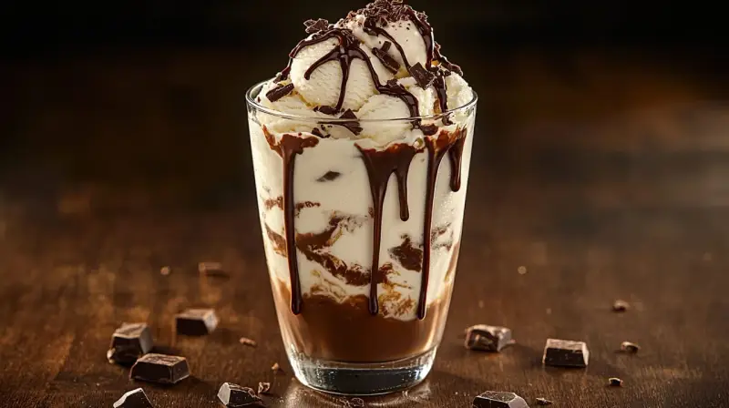 En läcker chokladig mudslide drink med glass, chokladsås och strössel.
