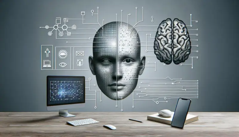 Cyfrowa twarz z kodem binarnym, mózg i ikony technologii. Rozpoznawanie twarzy (face id) w erze sztucznej inteligencji.
