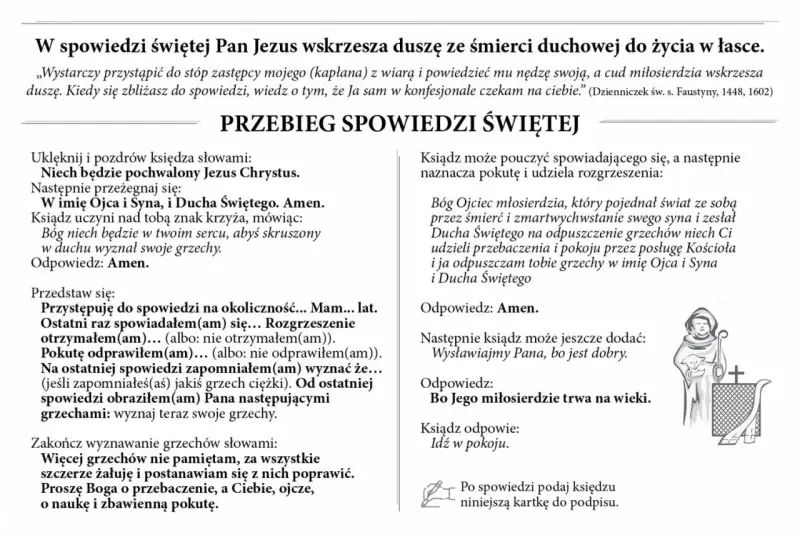 Tekst "spowiedź święta tekst" opisuje przebieg spowiedzi, modlitwy i formuły rozgrzeszenia.