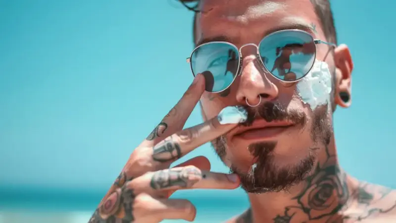 Mężczyzna z tatuażami i monroe piercingiem nakłada krem z filtrem na twarz, odbijając się w okularach.