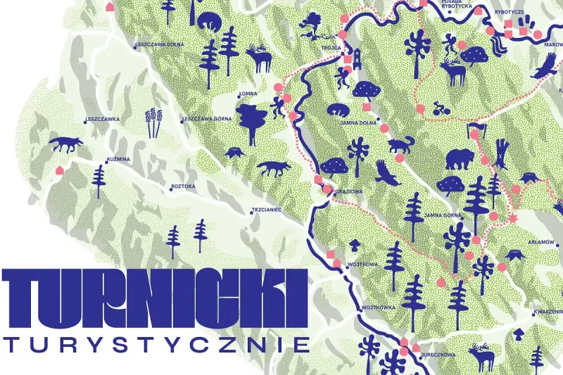 Mapa turystyczna **Turnicki Park Narodowy** z zaznaczonymi szlakami, zwierzętami i nazwami miejscowości.