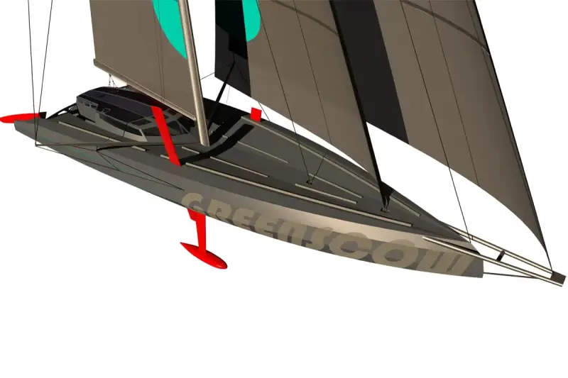 Le voilier IMOCA Lazare, avec ses foils rouges et ses voiles sombres, prêt à fendre les vagues.
