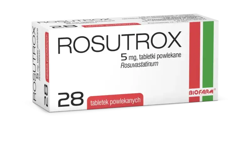 Opakowanie leku Rosutrox 5 mg, zawierające 28 tabletek powlekanych. Producent Biofarm.