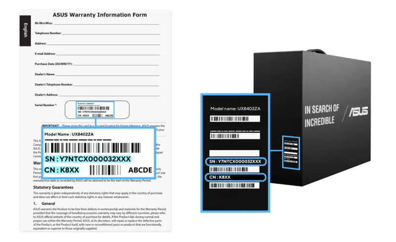 Formularz gwarancyjny ASUS z numerem seryjnym laptopa: SN: Y7NTCX000032XXX, CN: K8XX.