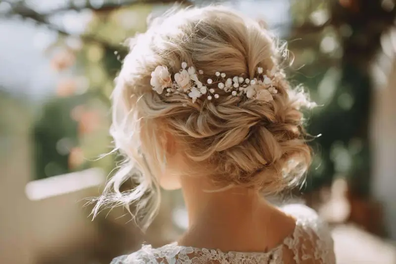 Coiffure mariage cheveux mi long, un chignon flou orné de perles et de petites fleurs, parfait pour un jour J romantique.