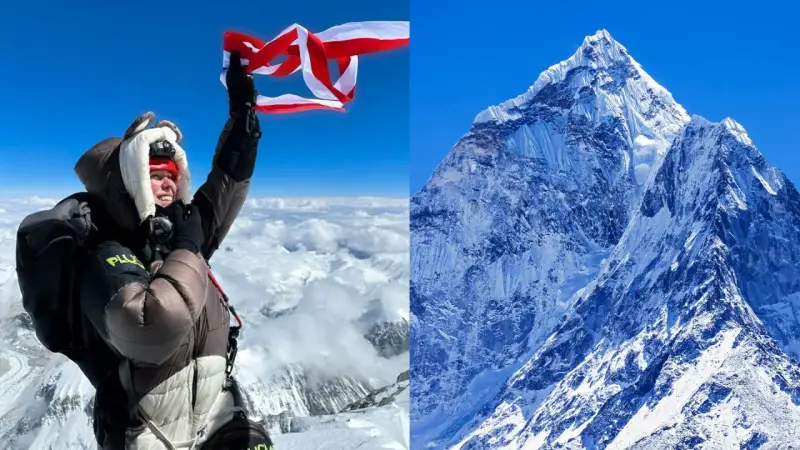 Młoda osoba z flagą na szczycie Mount Everest, najmłodsza osoba na Mount Everest, triumfuje nad chmurami.