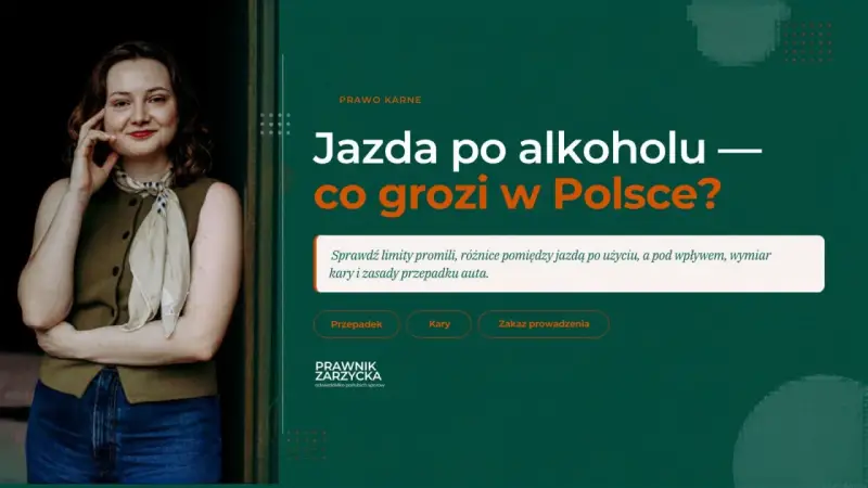 Kobieta w zielonej kamizelce i chustce na szyi, na tle tekstu o jeździe po alkoholu.