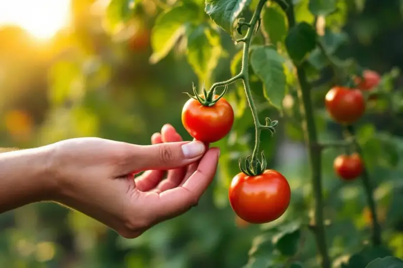 Main d'une personne cueillant une tomate mûre sur une branche. La question "faut il arroser les tomates tous les jours" flotte dans l'air.