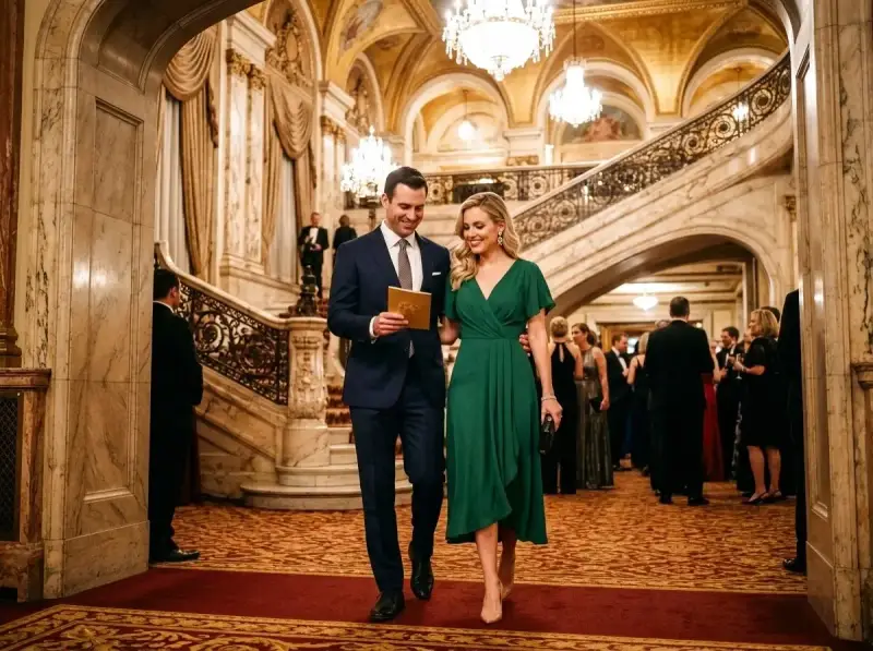 Elegancka para wchodzi na galowy wieczór. Czy to filharmonia? Wspaniałe wnętrze, schody i kryształowe żyrandole sugerują uroczystość.
