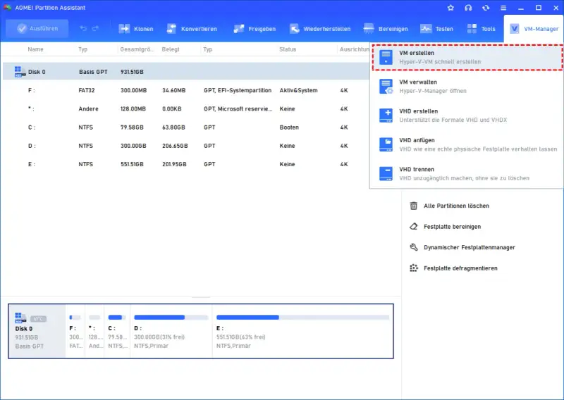 AOMEI Partition Assistant zeigt Optionen zur Verwaltung von virtuellen Maschinen, einschließlich "VM erstellen" für eine virtuelle Maschine Windows 10.