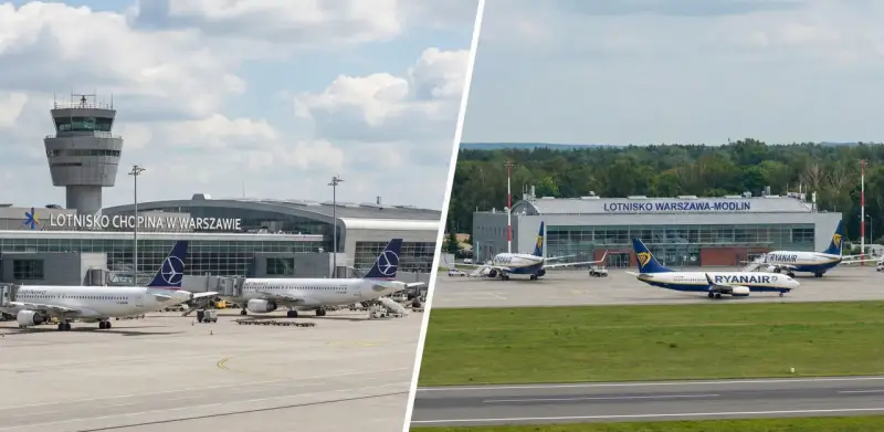 Dwa lotniska w Warszawie: Chopina z wieżą kontroli lotów i samolotami LOT, oraz Warszawa-Modlin z samolotami Ryanair.