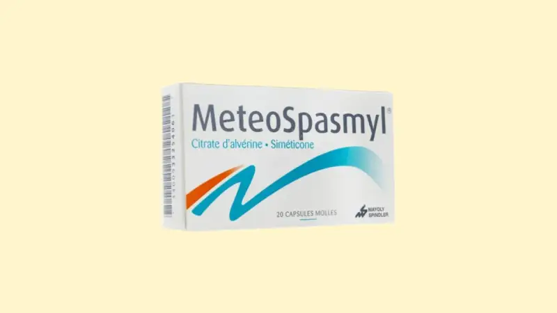 Opakowanie leku MeteoSpasmyl z napisem "Citrate d'alvérine • Siméticone" i grafiką fal.