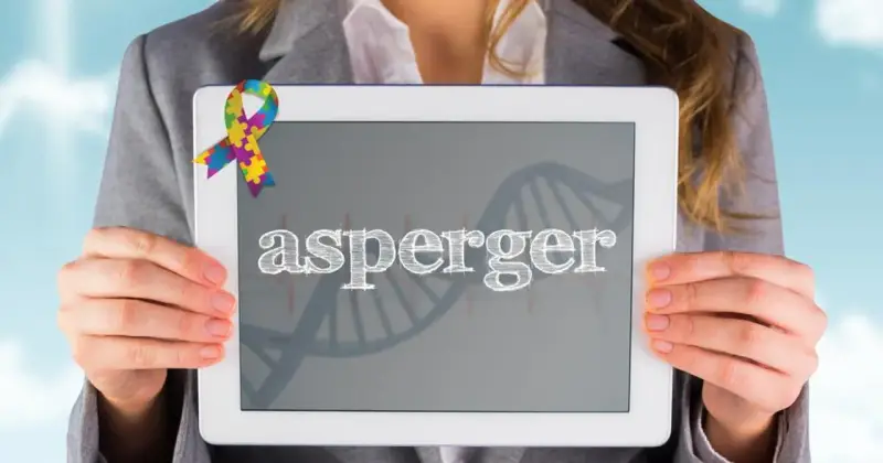 Kolorowa wstążka symbolizuje świadomość autyzmu. Na tablecie widnieje napis "asperger", a w tle grafika DNA, nawiązująca do objawów Aspergera.