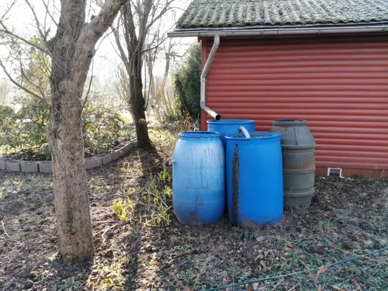 Zbiorniki na deszczówkę przy czerwonym budynku. Prawda o rzekomym opodatkowaniu deszczówki zbieranej na prywatnych posesjach jest taka, że nie ma takiego podatku.