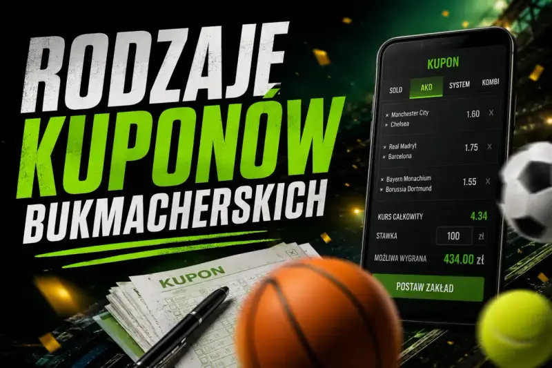 Na ekranie telefonu widać kupon bukmacherski z zakładami typu **ako**. Obok piłka nożna, koszykówka i tenis.