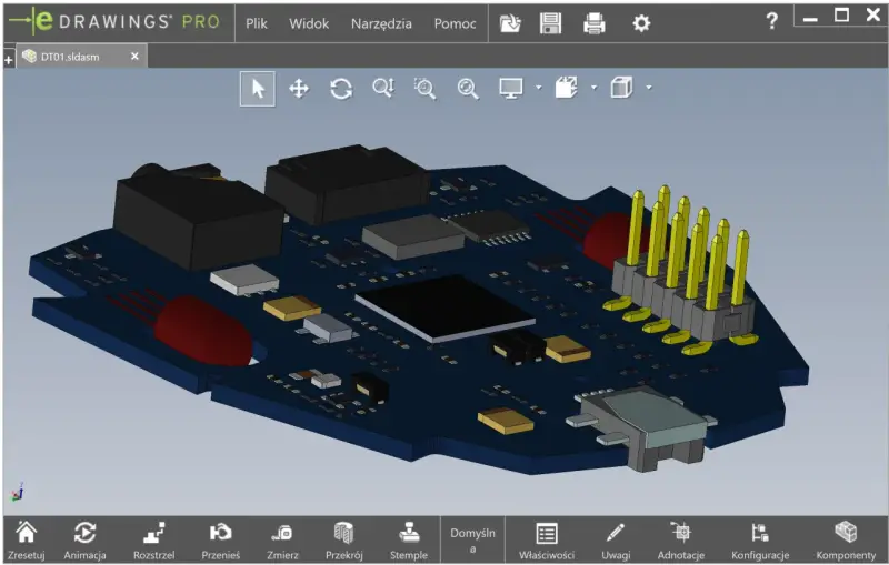 Model 3D płytki drukowanej z elementami elektronicznymi, widoczny w oprogramowaniu do projektowania.