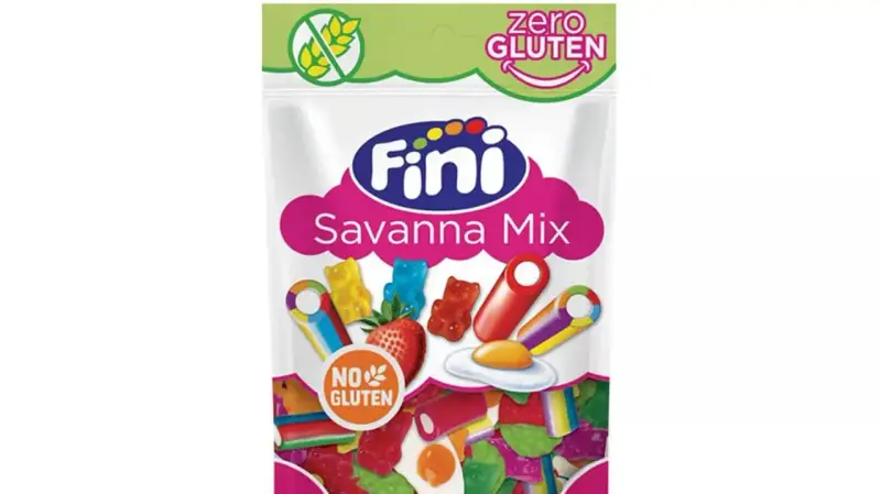 Bolsa de dulces Fini Savanna Mix, con ositos, fresas y huevos fritos. ¡Disfruta de estos deliciosos dulces celiacos sin gluten!