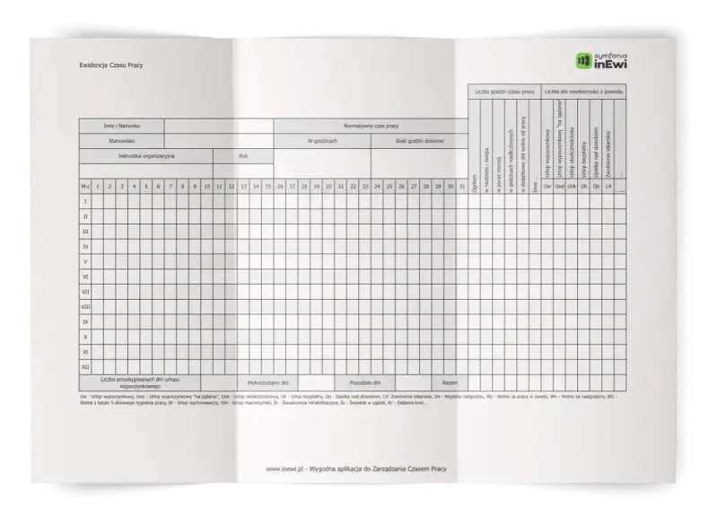 Formularz ewidencji czasu pracy z polami do wpisania danych, dni i rodzajów nieobecności.