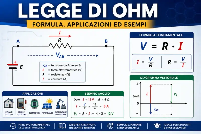 Schema elettrico che illustra la legge di Ohm, con formule, applicazioni e un esempio pratico.