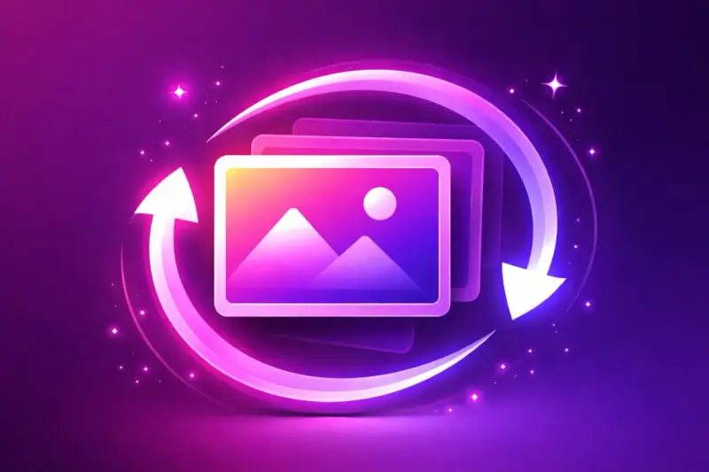 Animowane obrazy, jak zrobic gif? Stos ikon z krajobrazem w neonowym okręgu.