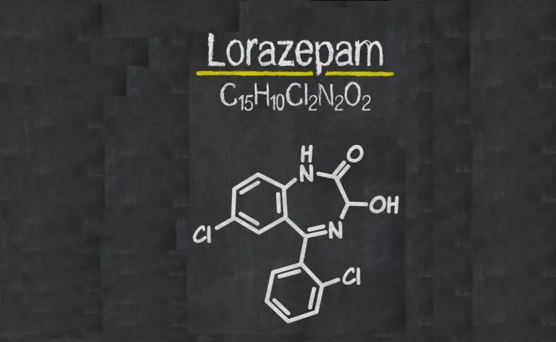 Struktura chemiczna lorazepamu. Czy lorafen jest bezpieczny? Pytanie o bezpieczeństwo leku wymaga konsultacji z lekarzem.