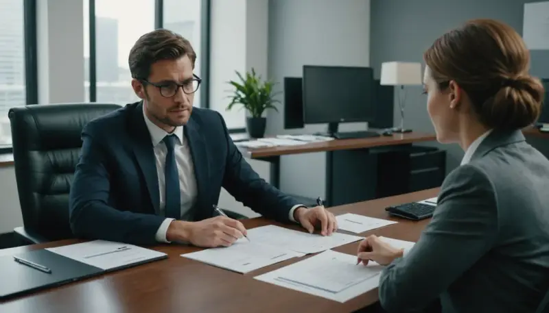 Un homme en costume signe un document, possiblement une modification du contrat de travail, face à une femme dans un bureau moderne.
