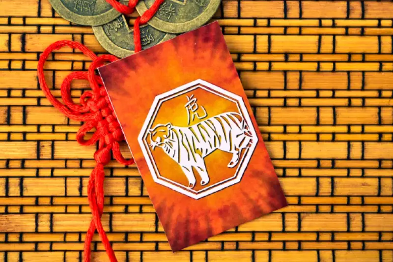 Czerwona ozdoba z tygrysem, symbolem chińskiego znaku zodiaku, na tle bambusowym.