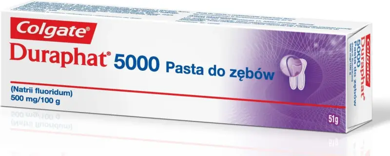Colgate Duraphat 5000, pasta do zębów z 500 mg fluorku sodu na 100 g. Sprawdź, która pasta ma najwięcej fluoru dla ochrony Twoich zębów.
