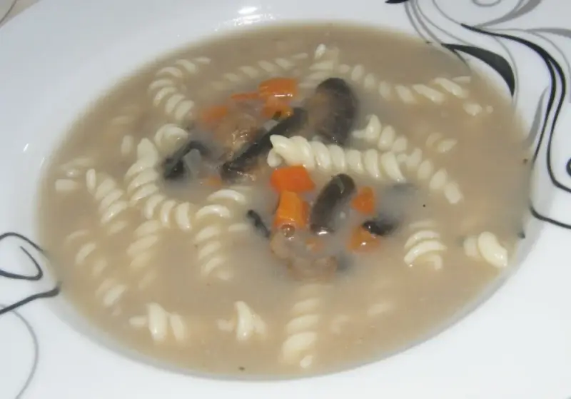 Zupa pieczarkowa z makaronem, przepis babci. Aromatyczna, z kawałkami pieczarek i marchewki, podana z makaronem.