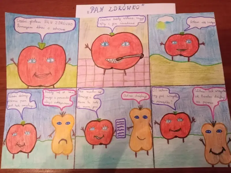 Krótki komiks do szkoły: Pan Jabłko, Pan Zdrówko, pomaga smutnej gruszce.