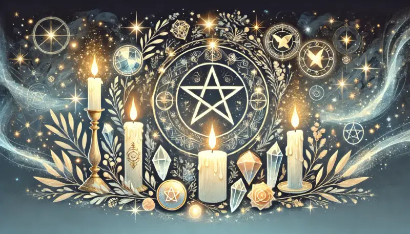 Płonące świece, kryształy i pentagram na tle magicznych symboli i gwiazd.