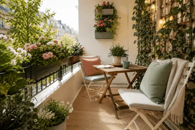 Un angolo relax con fiori colorati, un tavolino e sedie, perfetto per ispirare idee balconi arredati con stile e natura.